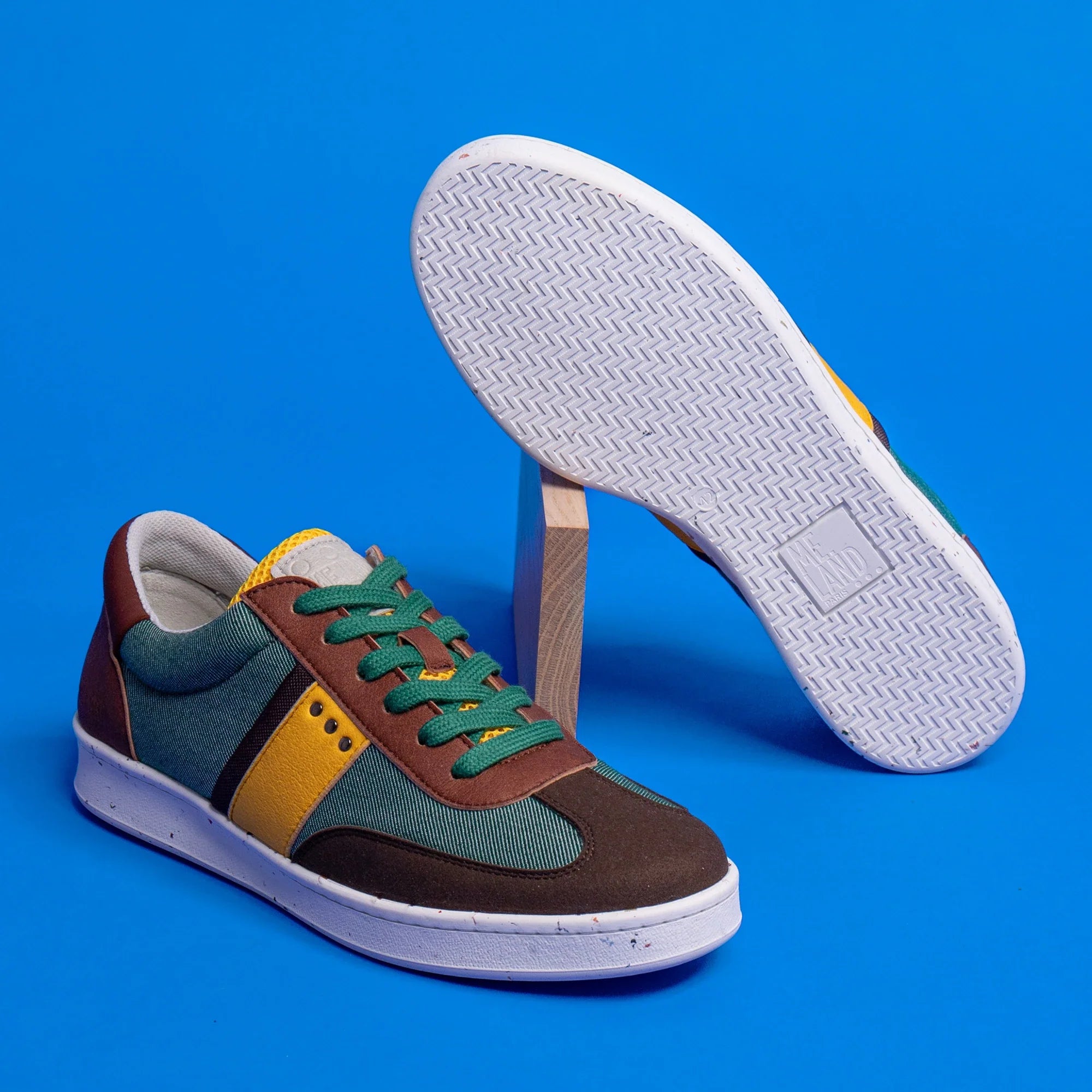 Me.Land Vivace baskets vegan vert marron jaune recyclées