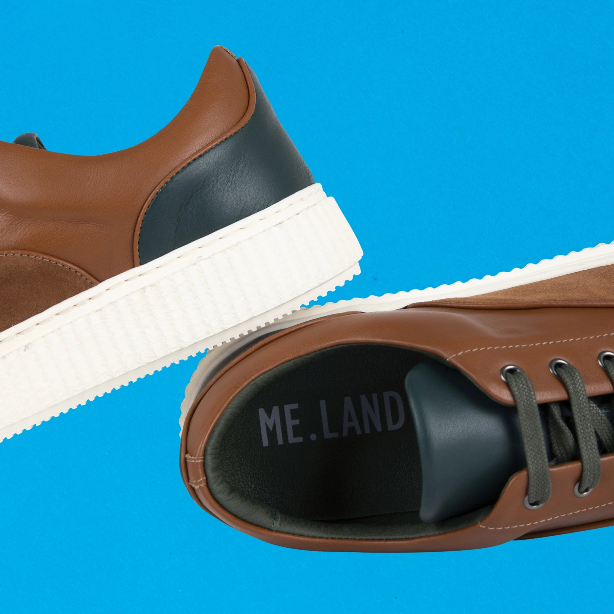 Me.Land Meaker baskets cuir daim cognac vert taille 42