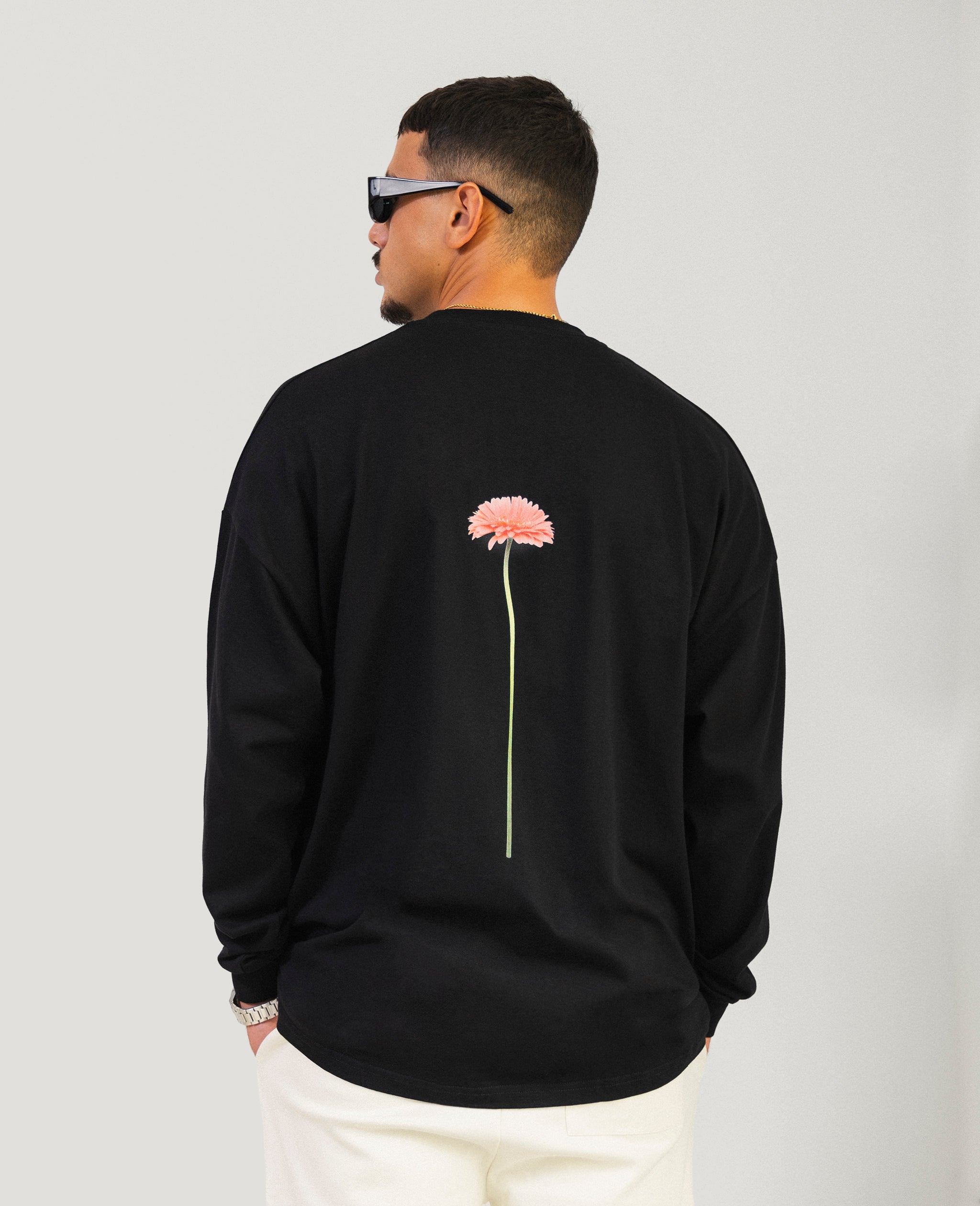 Flamingos Life Long-Sleeve Flower Black tee-shirt manches longues noir