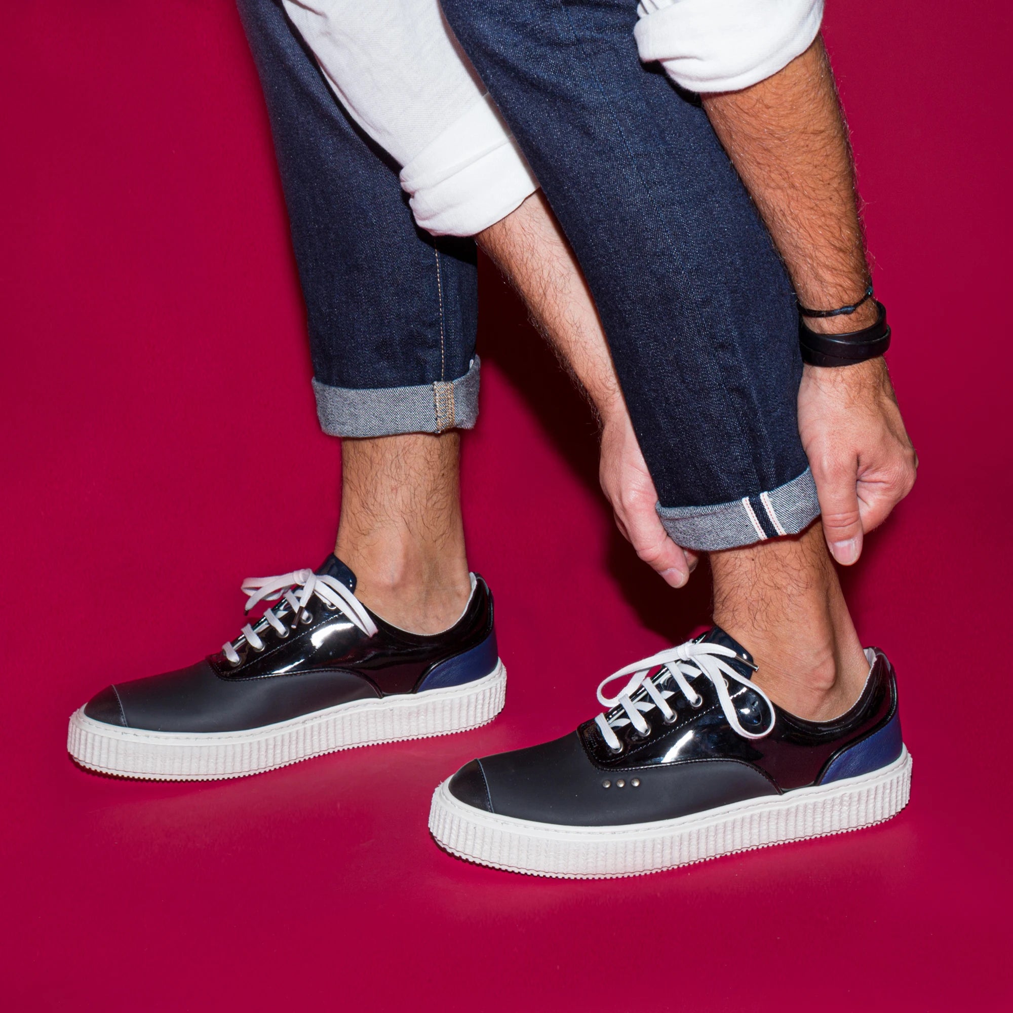 Me.Land Meaker basket cuir noir bleu mémoire forme